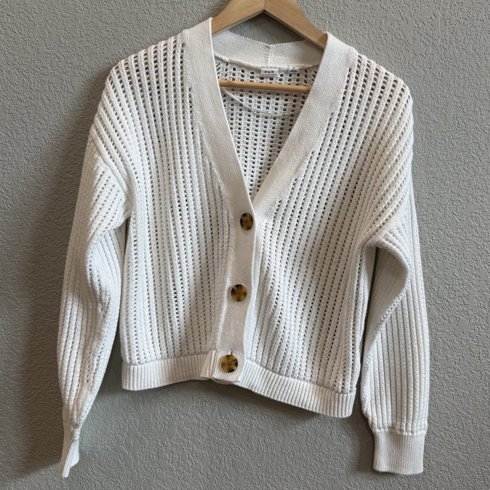 GAP Crochet Cropped Cardigan Sweater V-Neck Open Knit Tortoise She'll Buttons M - Picture 1 of 10